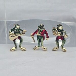 Frog Music Band Enamel Brooch Set of 3 Green Red Gold Novelty Pins Quirky